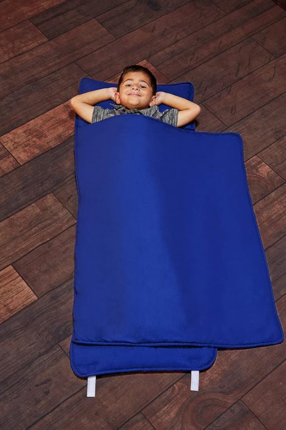EVERYDAY KIDS Nap Mat with Removable Pillow - Navy - Carry Handle with Straps Closure, Rollup Design, Soft Microfiber for Preschool, Daycare, Travel Sleeping Bag - Ages 3-6 Years