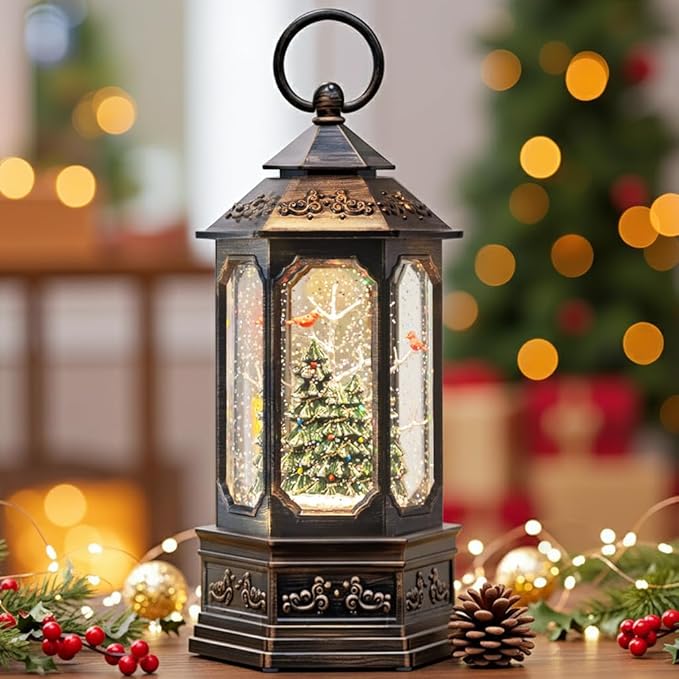 12 "Christmas Snow Globe Lantern, Glitter hex Music Box, USB and Battery-Powered Decorations (Cardinals in The Deep Woods)