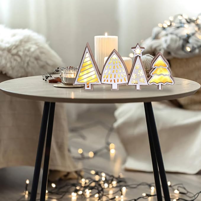 Christmas Tabletop Decorations, Lighted Wooden Christmas Tree Table Decor, Indoor Xmas Tree Block Sign with LED Lights, Farmhouse Winter Holiday Centerpiece for Mantel Shelf (White)