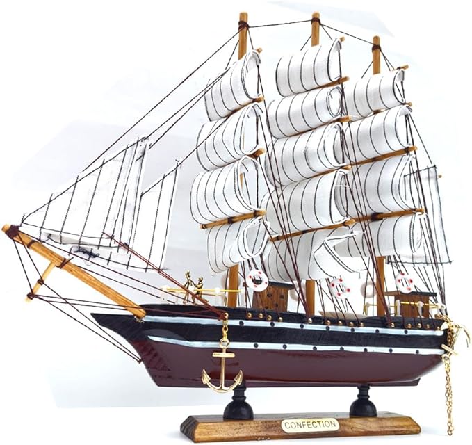 Model shipHandmade Sailboat, Ocean Themed Sailboat Model, Mediterranean Sailboat, Wooden Sailboat Suitable for Home and Office desks (White sail, Brown Hull)