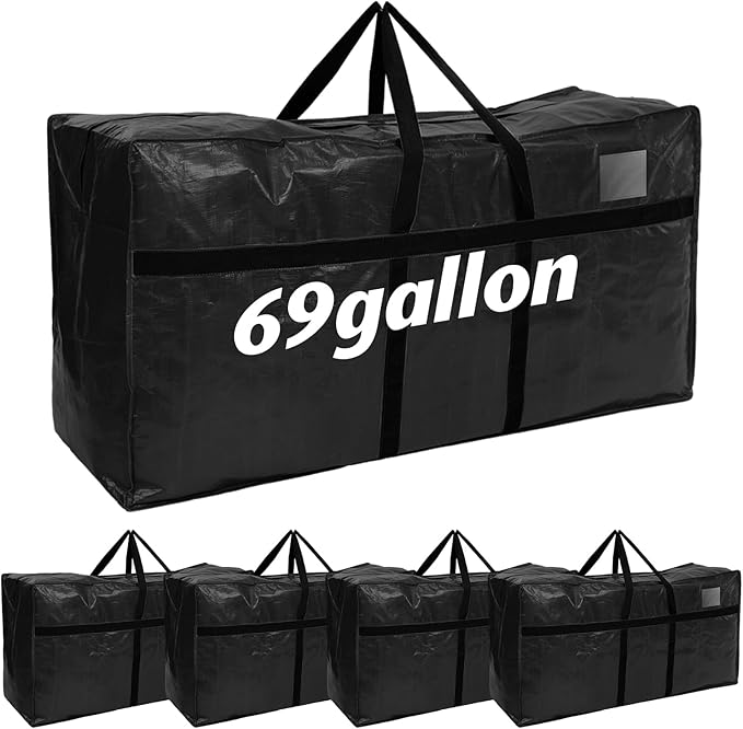 Windyun 4 Pack 69 Gallon Extra Large Storage Bags XXL Moving Bags with Zipper Handles Heavy Duty Jumbo Big Totes Box for Halloween Skeleton 4-12 Feet Christmas Tree Storage College Dorm Cloth (Black)