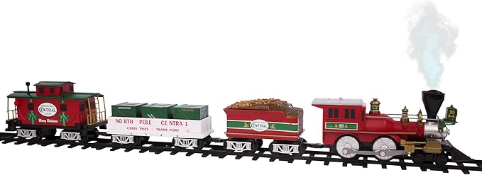 Lionel Battery-Operated North Pole Central Freight Toy Train Set with Bluetooth, Locomotive, Train Cars, & Track with Authentic Train Sounds, Lights, & Water Vapor Smoke Effects for Kids 4+