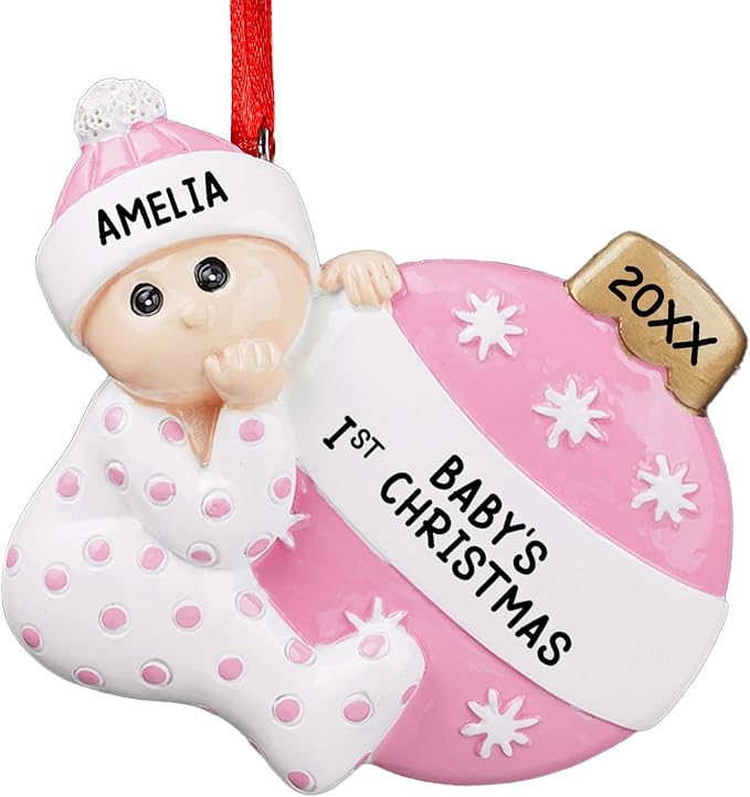iDIY Personalized Babys First Christmas Ornaments 2025 - Custom Name Baby Ornaments for Christmas Tree - Xmas Gifts Ideal for Baby Grandkids Newborn - Girl or Boy - Pink