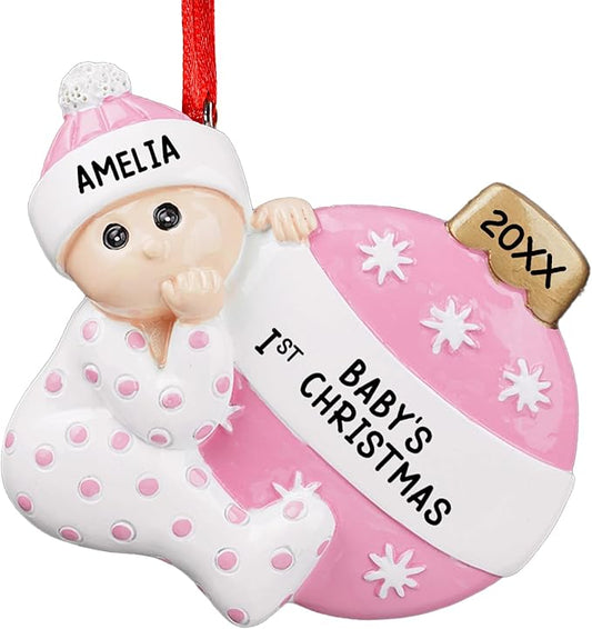 iDIY Personalized Babys First Christmas Ornaments 2025 - Custom Name Baby Ornaments for Christmas Tree - Xmas Gifts Ideal for Baby Grandkids Newborn - Girl or Boy - Pink