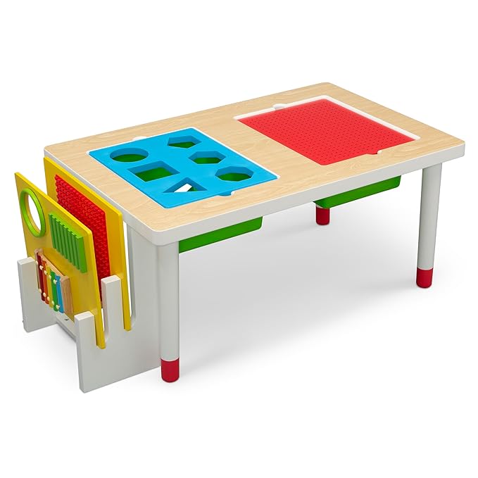 Delta Children Play and Learn Sensory Table for Kids Includes Shape Sorting, Building Block Baseplate, Gears and Musical Instruments - Use as Sand/Activity Table, White/Primary