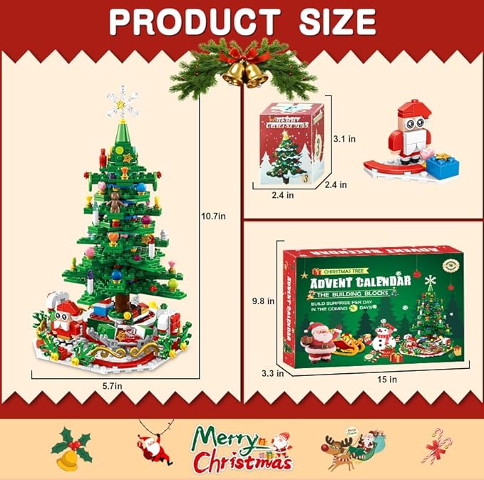 Advent Calendar 2025 Christmas Tree Building Blocks Set, 24 Days Christmas Countdown Building Block Kit, 24 IN 1 Christmas Building Blocks Toy Gift for Teens Girls Boys Adults Ages 6+
