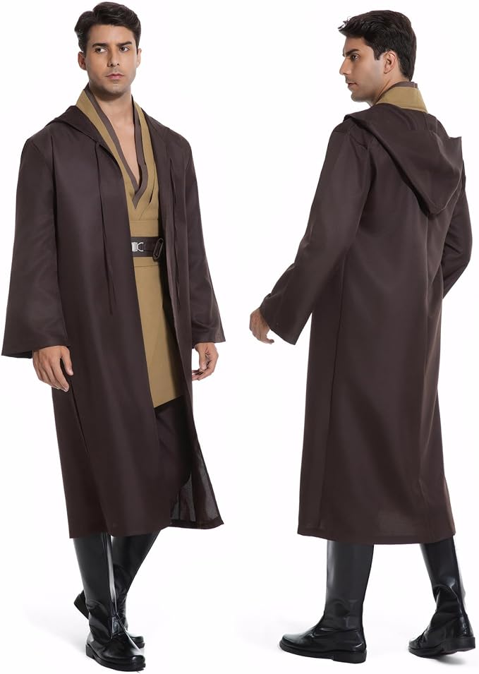 Men's Hooded Robe Tunic Cosplay Costume Knight Cloak Tunic Uniform Pants with Belt Full Set Halloween Outfits