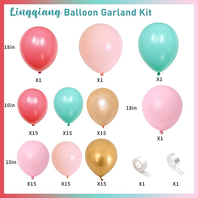Pastel Balloon Garland Arch Kit, Colorful Coral Red Macaron Pink Orange Mint Teal Blue Champagne Metallic Gold Multicolor Latex Balloons Arch for Girls Birthday Wedding Baby Shower Party Decorations