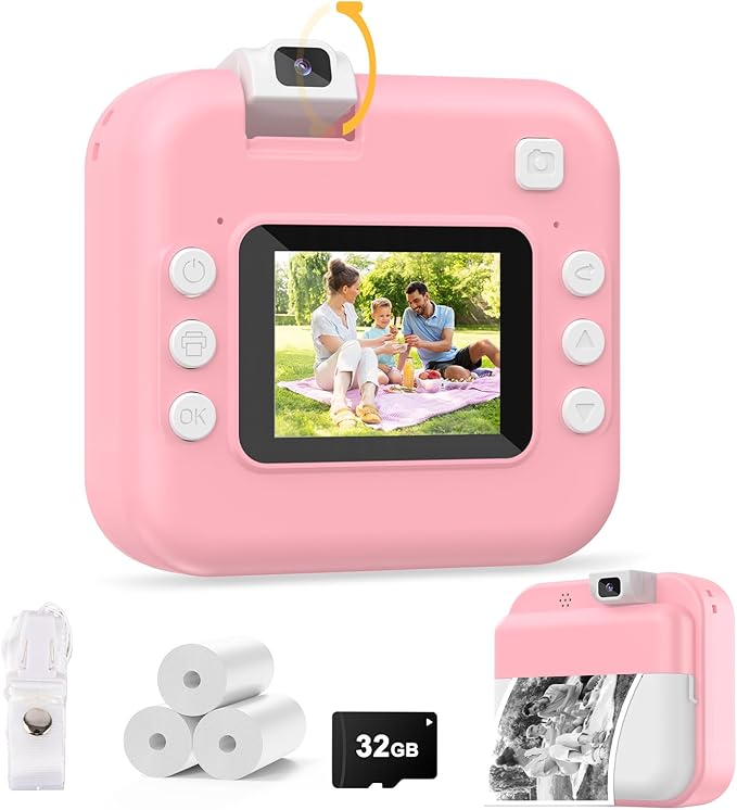 Kids Camera Instant Print with Flip Lens, Christmas Birthday Gift for Girls Boys, Digital Camera HD Video Instant Print Photos for Toddlers, Portable Travel Toys for 4 5 6 7 8 9 10 Year Old Pink