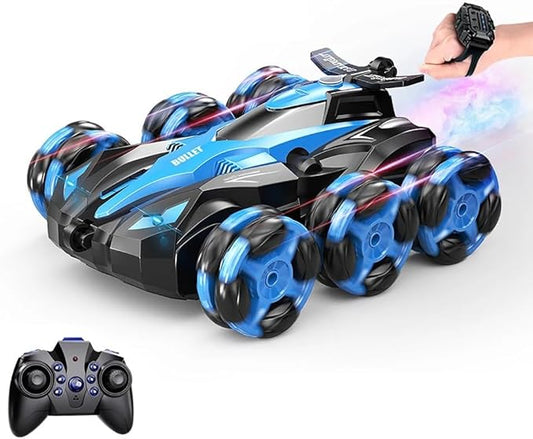 Spray 6 ruedas Rc Stunt Car Pulverización 360 grados Flip Rotating Drift Doble cara Rc Cars Juguetes de Control remoto LRE (Blue)