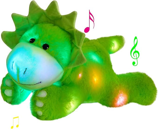 Glow Guards 15'' Light up Music Green Dinosaur Stuffed Animal Singing LED Triceratops Soft Plush Toy Pillow with Night Lights Birthday Children's Day Gifts for Toddler Kids