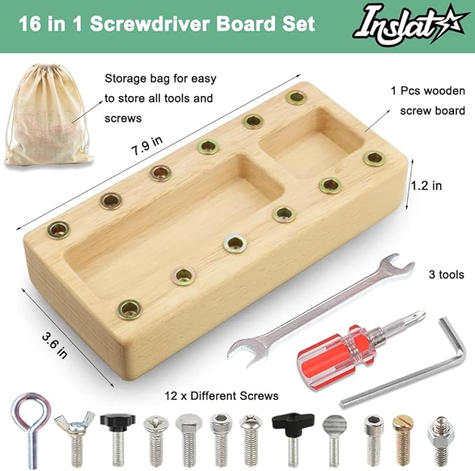 Montessori Screwdriver Board Set, Wooden Montessori Toy Tool for 3 4 5 Year Old Kids, Educational Screw Board Sensory Learning Toys STEM Fine Motor Skills Toys