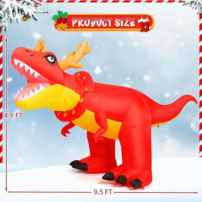 COMIN 9.5FT Christmas Inflatables Dinosaur Outdoor Yard Decoration Xmas Shakable Dino Blow Up with Built-in LEDs for Indoor Party Lawn Garden Decor