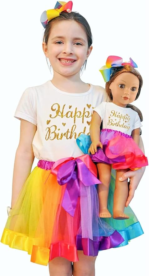 ZITA ELEMENT Birthday Clothes Outfits for Girls Matching Dolls - 1 Cotton Shirts with Sequins Rainbow, 1 Rainbow Tutu Skirts and 1 Bow Hair Clips for 7-9 Years Girls and 18 Inch Girl Dolls