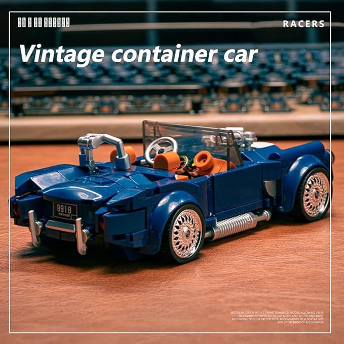 PB8818 1:32 Blue Convertible Sports Car Buliding Blocks Set, 317 Pieces Racing Toy Model Container Display Box, Clamping Blocks Car STEM Gift for Adults