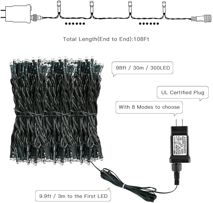 AmyHomie Color Changing Christmas Lights, 108Ft 300LED White Warm White String Lights, 8 Modes Waterproof Fairy String Lights for Outdoor & Indoor Christmas Tree Home Patio Garden Decor