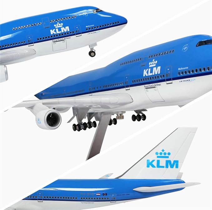 24-Hours 18” 1:130 Scale Airplane Model Dutch Airlines 747 Plane Model KLM Model Plane with LED Light(Touch or Sound Control) for Decoration or Display