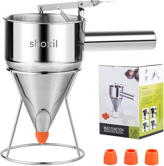 40oz Pancake Batter Dispenser, Stainless Steel Cake Dispenser with 4 Caliber Funnel & Stand, Baking Tools for Pancakes, Cupcakes & Baked Goods
