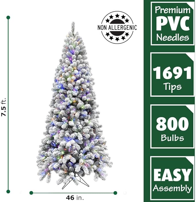 Fraser Hill Farm 7.5-Ft. Alaskan Pine Flocked Artificial Christmas Tree with Dual Multicolor & Warm White LED Lights and Stand, Prelit Foldable Fake Tree with Realistic Snowy Foliage for Home Decor