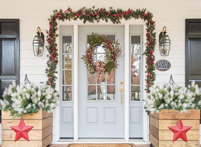 RECUTMS 1.22ft Greenery Artificial Pine Branches Tree Leaves Faux Stems Outdoor Plastic Plants No Fade UV Resistant Decor for Garden Porch Table Home Window (White)