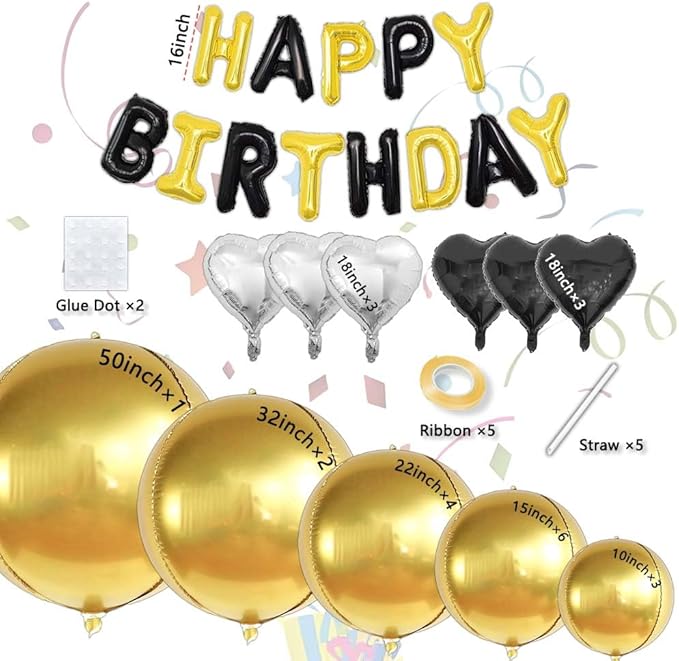 Gold Birthday Decorations with 16pcs Large 4D Foil Balloons in 10-50 Inch + 6pcs 18" Gold Silver Heart Balloons + 16” Happy Birthday Banner for Indoor Outdoor Party Decorations (Gold)