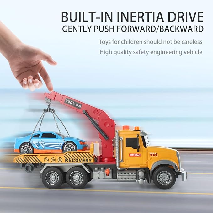 Toy Tow Truck with Crane and Car – Recovery Truck Toy for Kids Age 3 4 5 6, Construction Playset with Lights and Sounds,Birthday Gifts for Boys