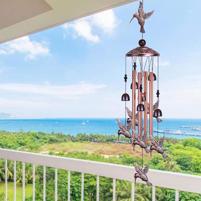 Garden Hummingbird Wind Chimes Outdoor Decor - with 4 Tubes 6 Bells 7 Hummingbirds Mobile Romantic Wind Catcher, Hummingbird Windchimes for Home, Xmas Mom Gifts, Festival, Balcony, Garden Decoration