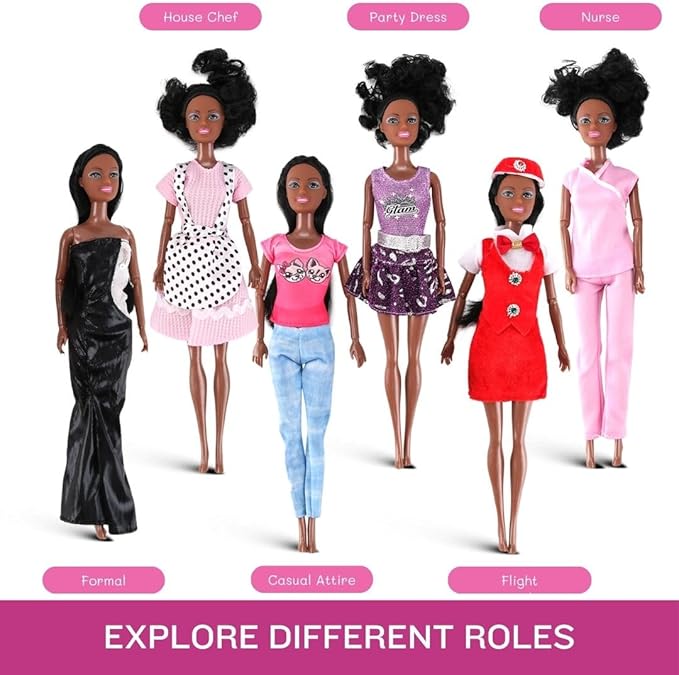6 Set of African American Black Toy Dolls - 11.5" Premium Fashion Style Diversity Role Play Dolls, Bundle Variety Pack for Kids, Girls Party Favors