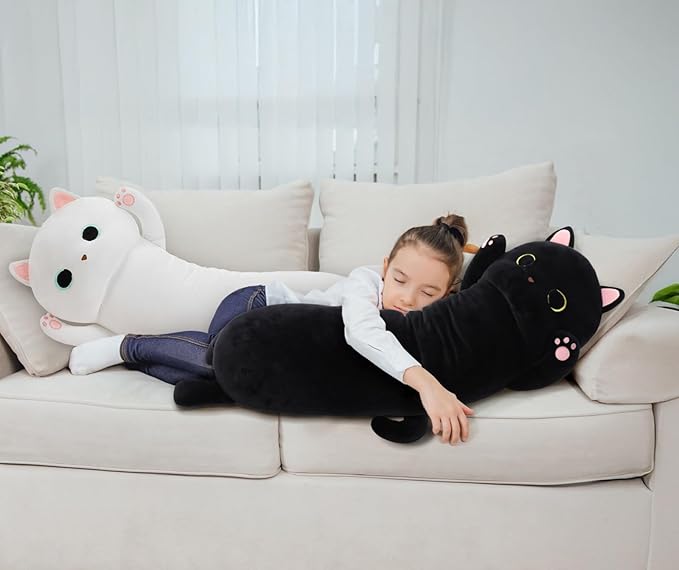 MaoGoLan Long Cat Plush Body Pillow, 44'' Giant White Glow in The Dark Cat Stuffed Animal Toy Gift for Girl Boy Kid, Big Cute Kitty Plush Throw Pillow for Halloween Christmas Decor
