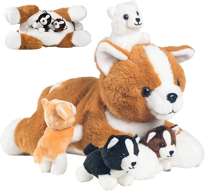5 Pcs Corgi Stuffed Animal with 4 Babies Puppy Inside Big Mommy Dog Stuffed Animals in Zipper Belly Pouch, Cute Stuffed Corgi Plush Gifts for Kids Boys Girls Birthday Christmas Easter Stuffers Gifts