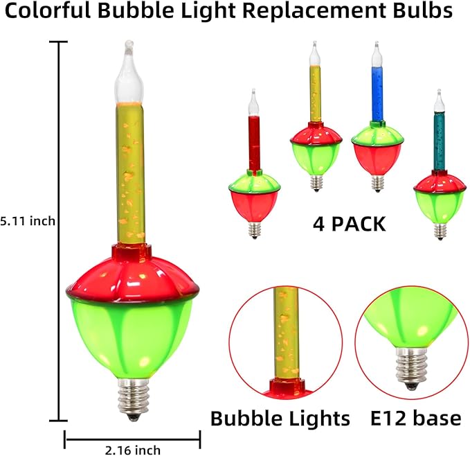 4 Pack Multicolor Bubble Light Replacement Bulbs, Vintage Christmas Tree Light Replacement Bulbs & C7 Candelabra Light Bulbs for Holiday Christmas Home Tree Table Wall Decor, E12 Base, 5W