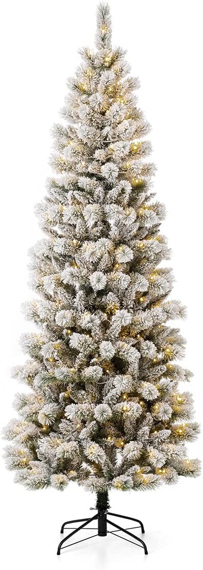 Glitzhome 7.5ft Prelit Christmas Tree, Flocked Artificial Christmas Tree, Pencil Christmas Tree Portland Snowy Pine with 300 Warm White/Multi-Color Lights, 9 Functional, Remote Controller