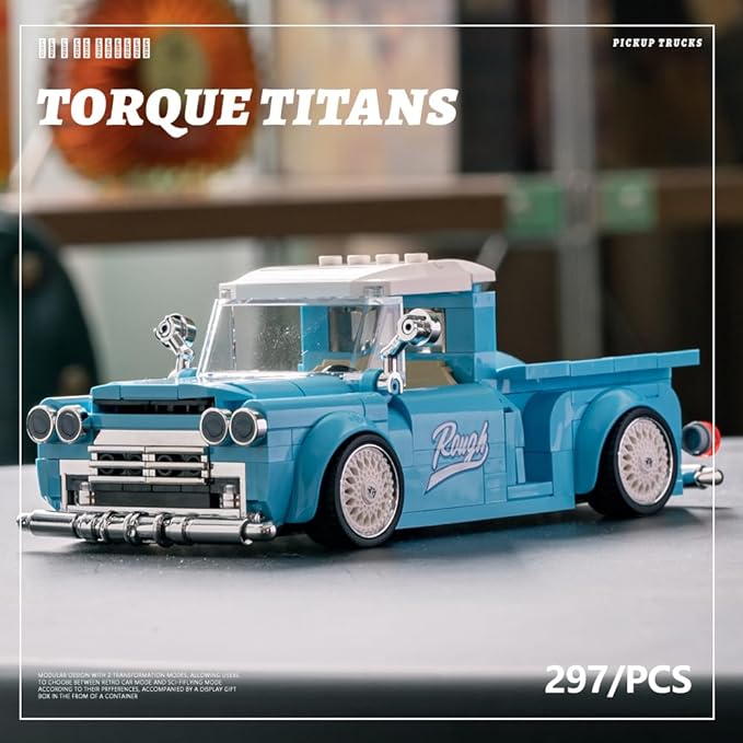 PB8840 1:32 Blue Retro Pickup Truck Buliding Blocks Set, 297 Pieces Scale Model Car Container Display Box, Clamping Blocks Toy Gift for Adults