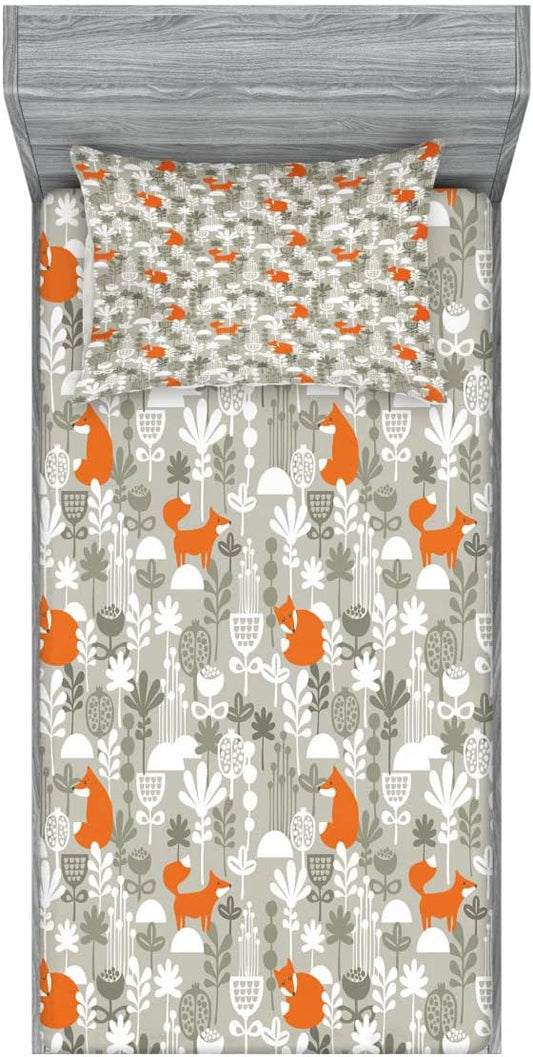 Ambesonne Fox Fitted Sheet & Pillow Sham Set, Fox in The Winter Forest Abstract Cartoon Trees and Nature Animal Pattern, Decorative Printed 4 Piece Bedding Decor Set, Twin, Pale Sage Green Orange