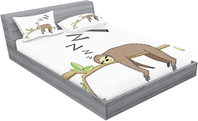Ambesonne Sloth Fitted Sheet & Pillow Sham Set, Arboreal Mammal Sleeping on Branch in Forest Lazy Mood Resting Relaxing Theme, Decorative Printed 3 Piece Bedding Decor Set, Calking, Grey Green Brown