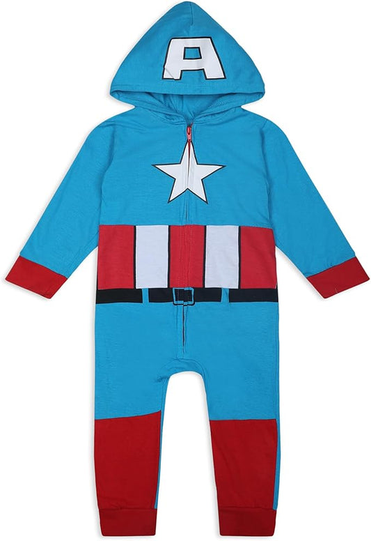 Marvel Hulk, Captain America, Iron Man or Spider-Man Boys Zip Up Hooded Coverall for Infant and Toddler