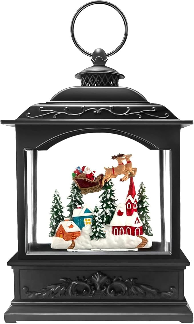 Musical Christmas Snow Globe Lantern with Flying Santa, Swirling Glitter Lighted Water Lantern, 6H Timer, USB or Battery Powered Holiday Decoration