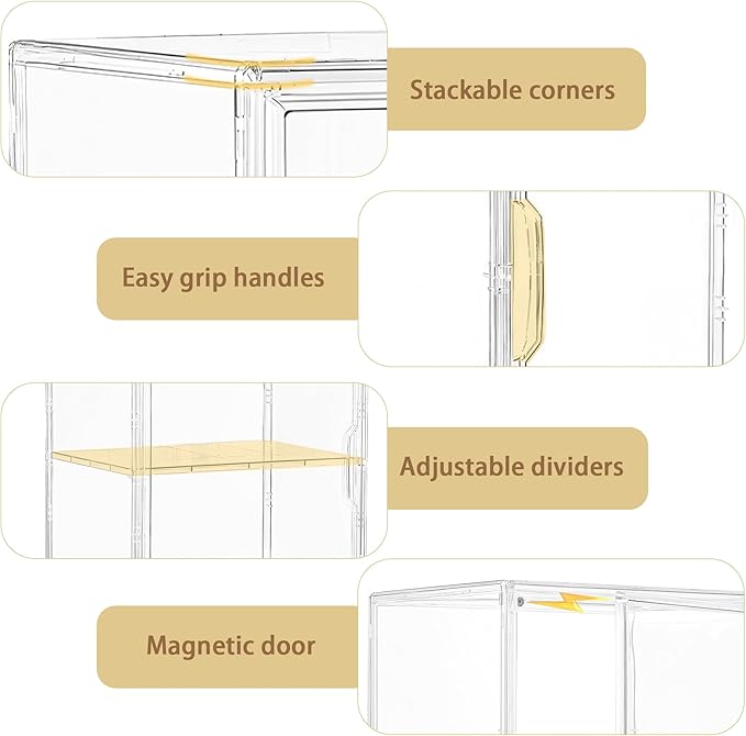 Acrylic Display Case for Collectibles, Clear Storage Bin with 3 Adjustable Layers and 1 Removable Divider, Stackable Clear Storage Box with Magnetic Door for Figures, Home or Office,Large