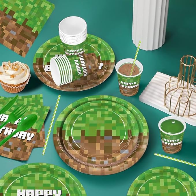 218pcs Green Birthday Party Decorations Plates Napkins Banner Tablecloth Disposable Paper Cups Straws Green Forks Party Supplies Tableware Set for Boys Kid Teen Birthday Decor Serves 24