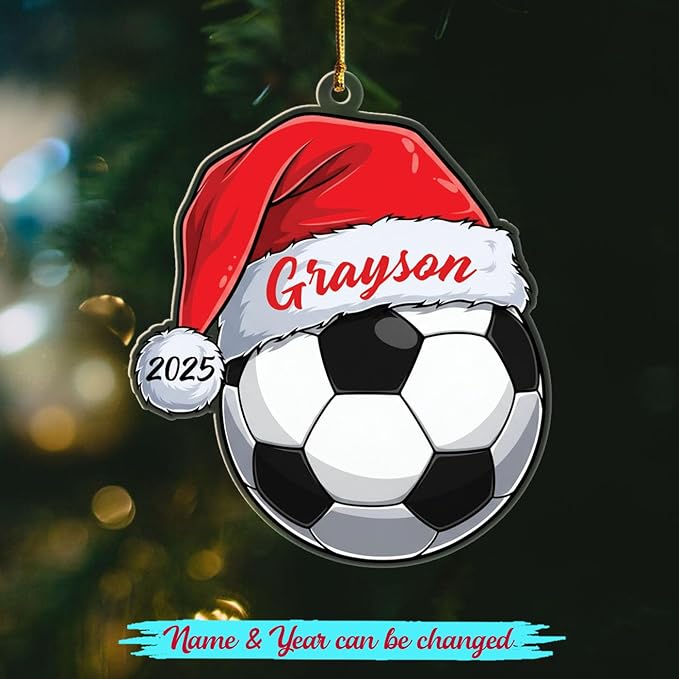 Personalized Soccer Santa Hat Shaped Christmas Ornament 2025, Unique Sport Christmas Tree Ornament Gift for Sport Lovers Player Team Coach, Customized Year& Name Soccer Fans Keepsake Xmas Ornaments