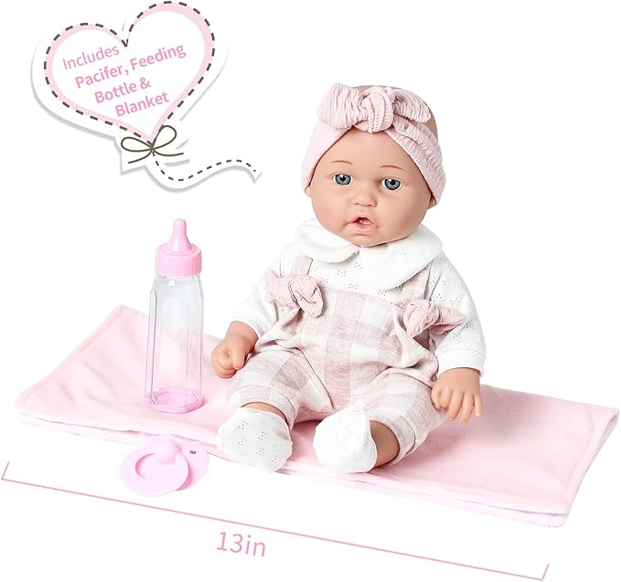 12'' Baby Doll in Gift Box with Pink Cloths, Pacifier, 13''x13'' Microfabric Blanket, and Feeding Bottle. Gift Idea for Ages 3+
