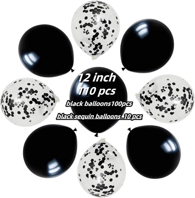 100 Pcs Black Balloons 12 inch and 10 Pcs Black Confetti Balloon Total 110 for Wedding, Graduation, Birthday Party Decoration