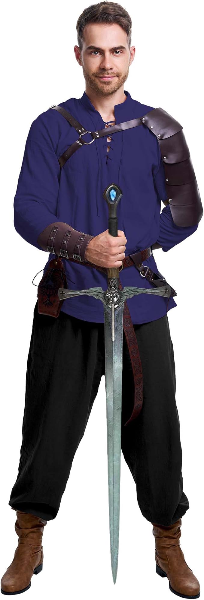 8 Pcs Men's Renaissance Costume Halloween Medieval Pirate Shirt Pant Viking Costume Accessories Set