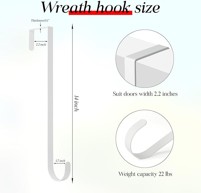 MCFULL 14 in Wreath Hangers for Front Door,Sturdy Metal Wreath Doors Hangers,Over The Door Hooks for Front Porch Decor,White Garland Hooks Holders for Halloween Christmas Decorations