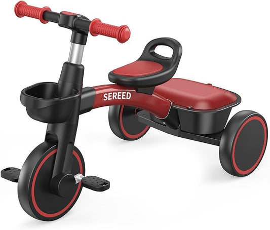 SEREED Toddler Tricycle for 2-5 Years Old Boys Girls, Adjustable Seat&Handlebar Trike, Removable Basket, Birthday Gift Idea for Kids Ages 2+ (Red Black)