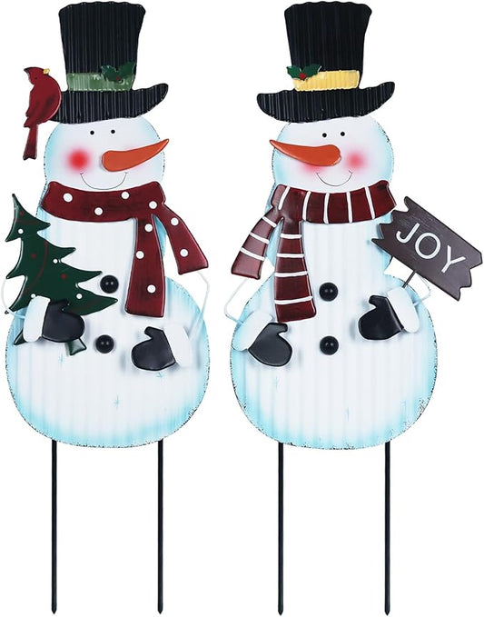 hogardeck Outdoor Christmas Decorations for Home, 2 Pcs Metal Snowman Decorative Garden Stakes with Joy for Christmas Decor, Yard Signs for Garden Home Lawn Patio