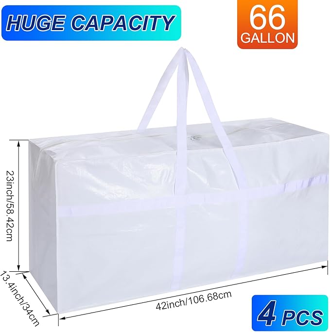 Windyun 4 Pack 57 Gallon Extra Large Storage Bags XXL Moving Bags with Zipper Handles Heavy Duty Jumbo Big Totes Box for Halloween Skeleton 4-12 Feet Christmas Tree Storage College Dorm Cloth (White)