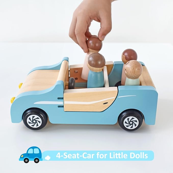 PairPear Wooden Family Car for Dolls,Wooden Toys Dollhouese Furniture Accessories Playset,Kids Pretend Preschool Play Vehicle Toys Gift for Toddler 3 Years and Up