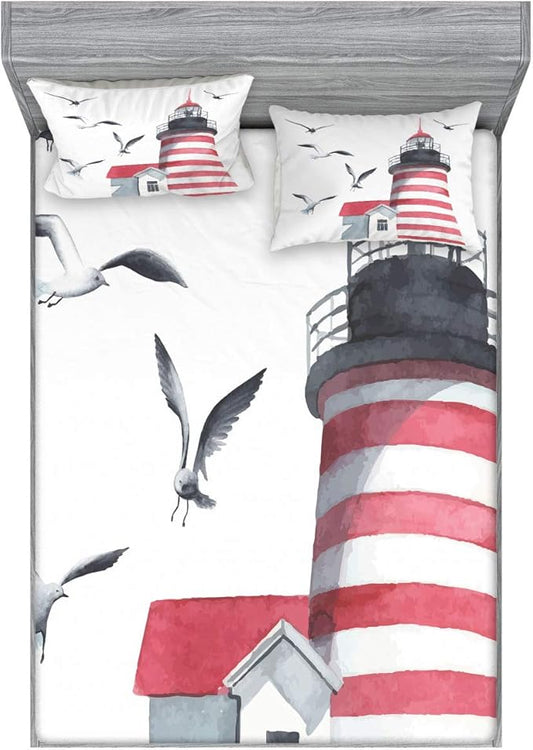 Ambesonne Lighthouse Fitted Sheet & Pillow Sham Set, Lighthouse and Seagulls on The Beach Navigational Aid Seaside Waterways Art, Decorative Printed 3 Piece Bedding Decor Set, King, Pink Grey
