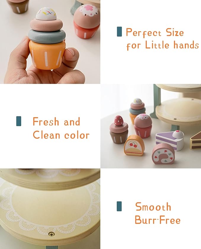 Wooden Dessert Cake Play Food Set Toys, Pretend Play Kids Tea Party Set for Little Girls Toddlers, Montessori Wooden Play Kitchen Accessories Sets for Kids